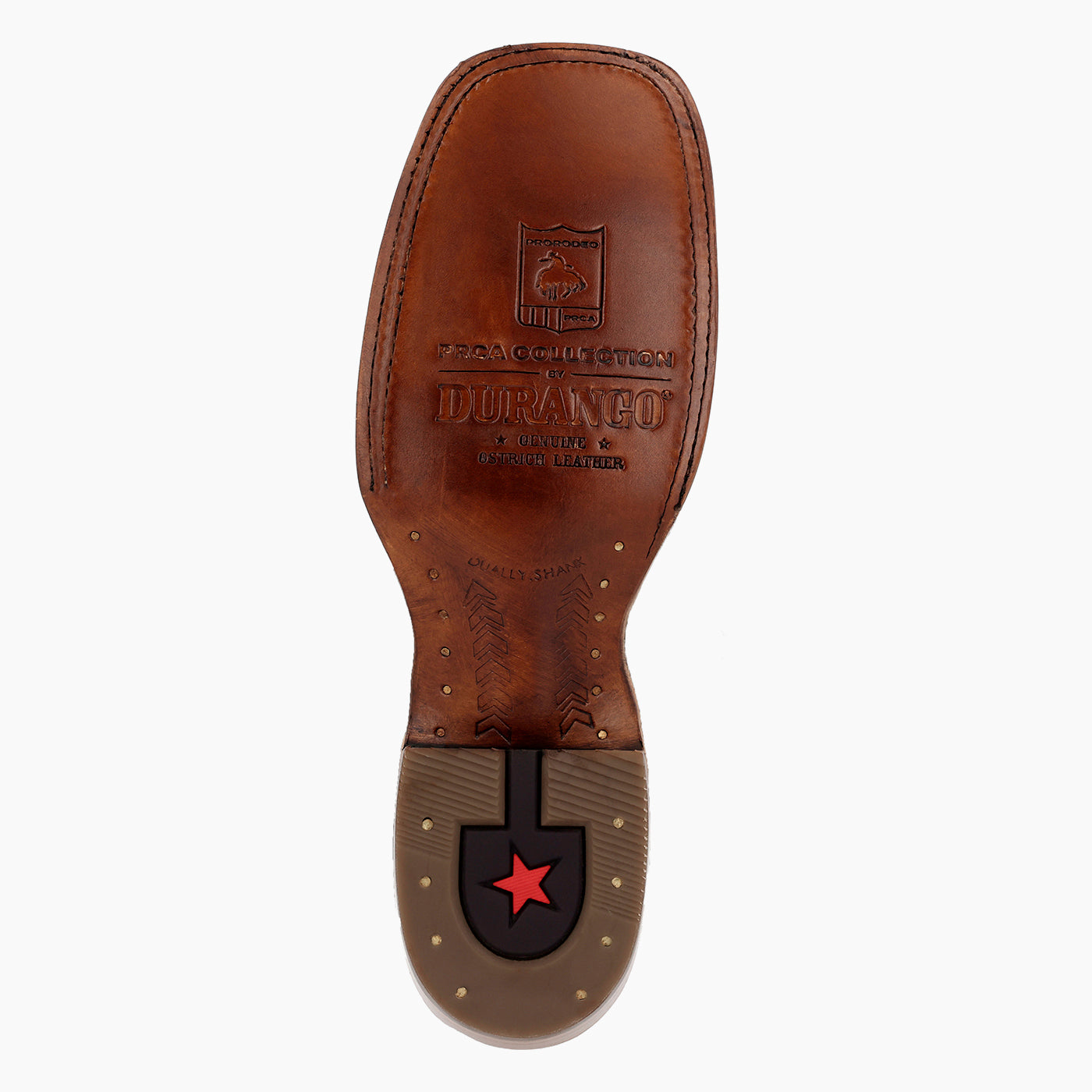 The outsole of a brown leather boot, showing the embossed brand name 'DURANGO' and a black heel patch with a red star, on a white background.