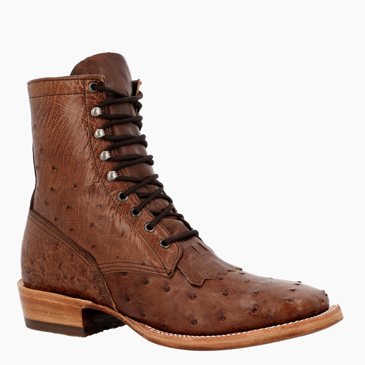 A brown ostrich-textured leather lace-up boot with a low stacked heel and light-colored stitching, shown from a side profile on a white background.
