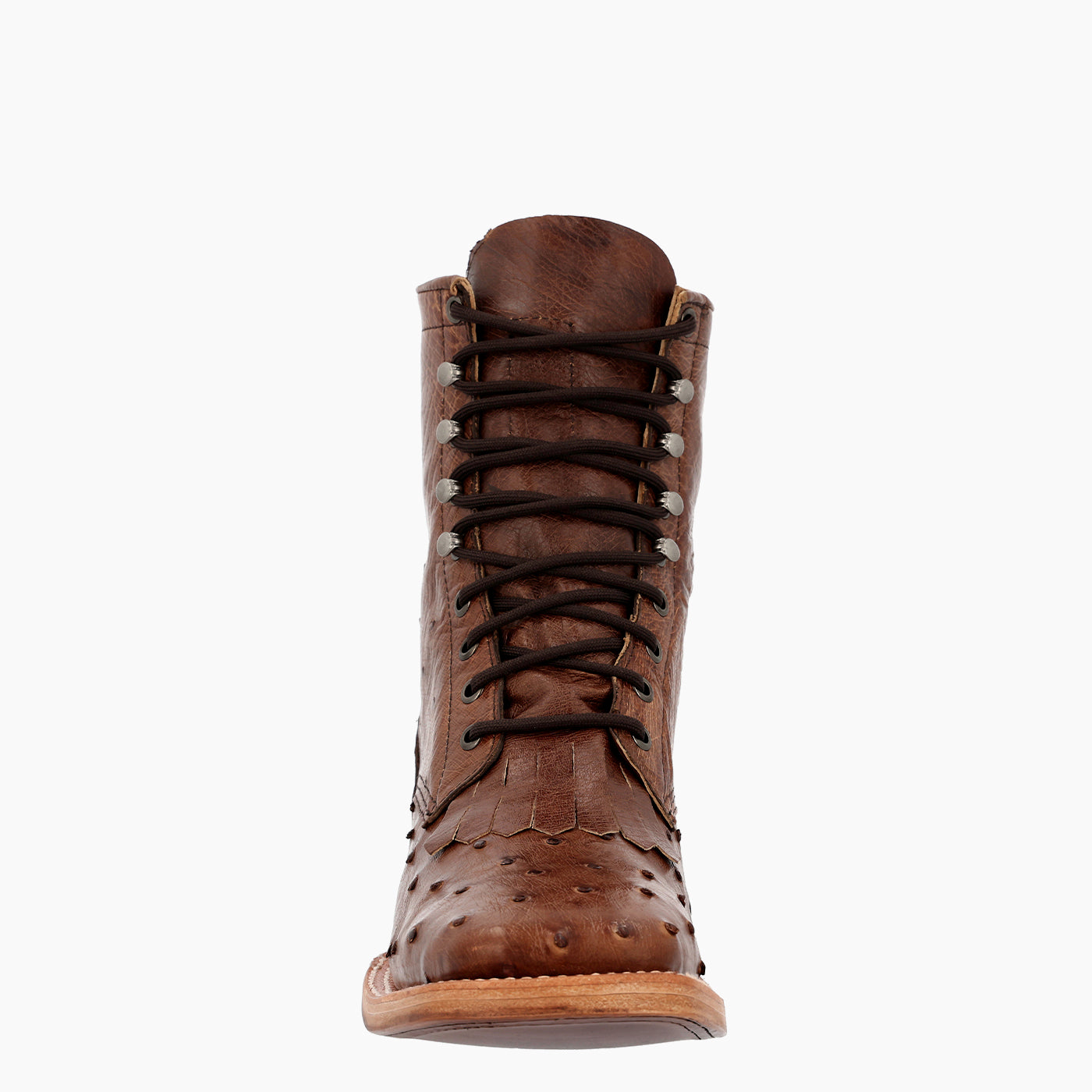 A single brown leather lace-up boot with an embossed ostrich pattern on the toe, dark brown laces, and silver metal eyelets, shown against a plain white background.