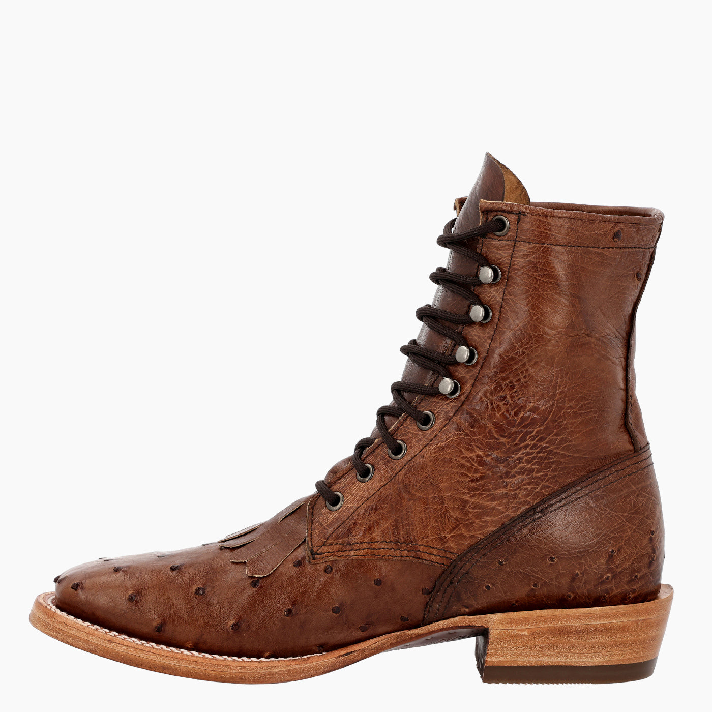 A brown leather lace-up ankle boot with ostrich-textured panels on the toe and quarter, set against a plain white background.