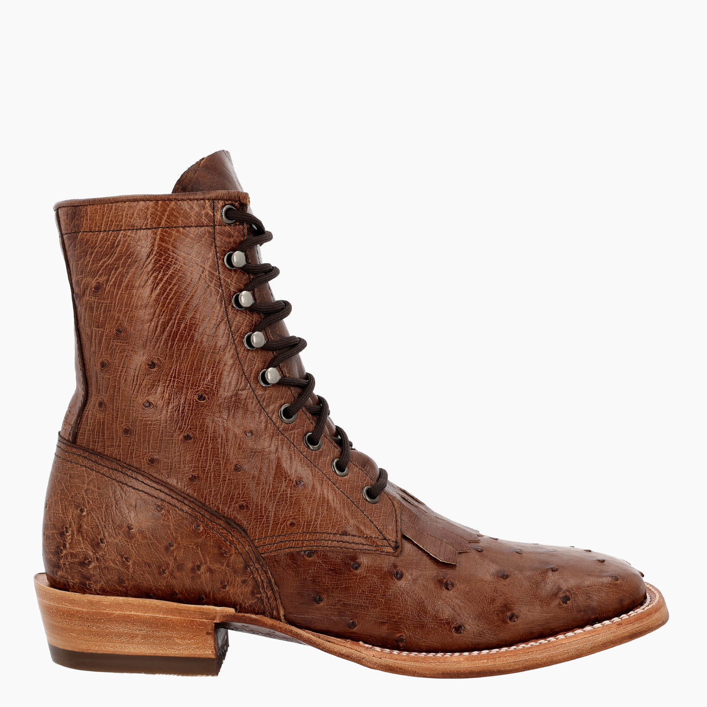 A brown leather lace-up ankle boot with ostrich-textured panels on the toe and quarter, set against a plain white background.