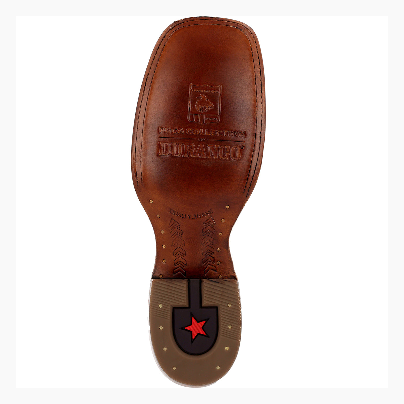 The outsole of a brown leather boot, featuring an embossed logo for 'DURANGO' and a decorative heel with a black insert and red star.