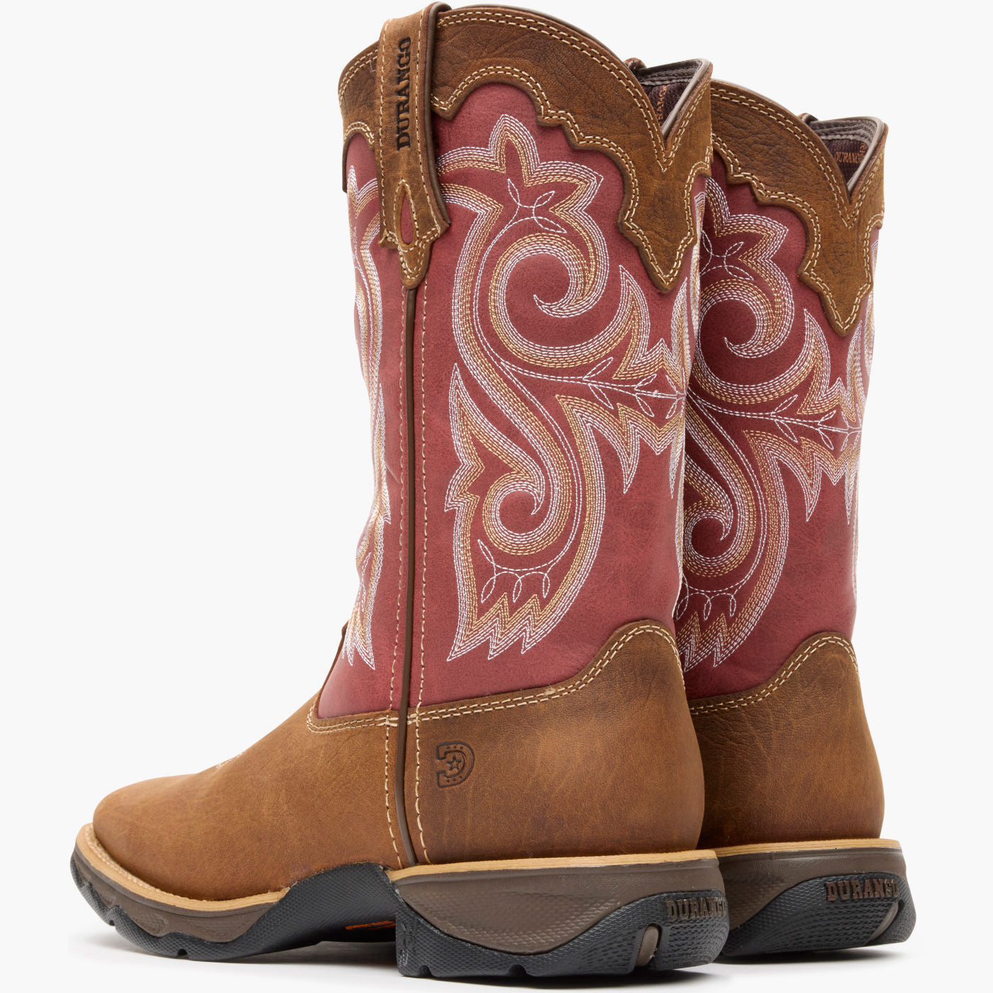 Back pair view of Durango Lady Rebel brown and red western boots