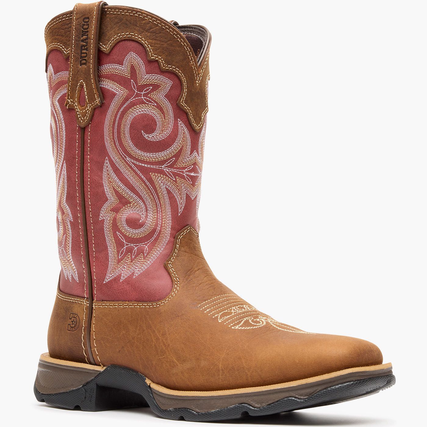 Front view of Durango Lady Rebel brown and red western boot