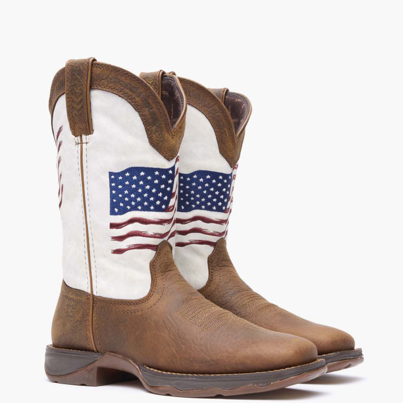 Front pair view of Durango Lady Rebel brown and white western boots with embroidered flag shaft