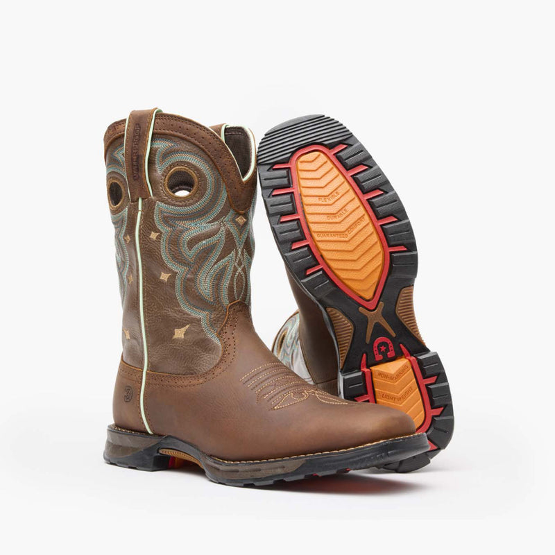 Front pair view of Durango Maverick women's brown square toe work boots with outsole showing