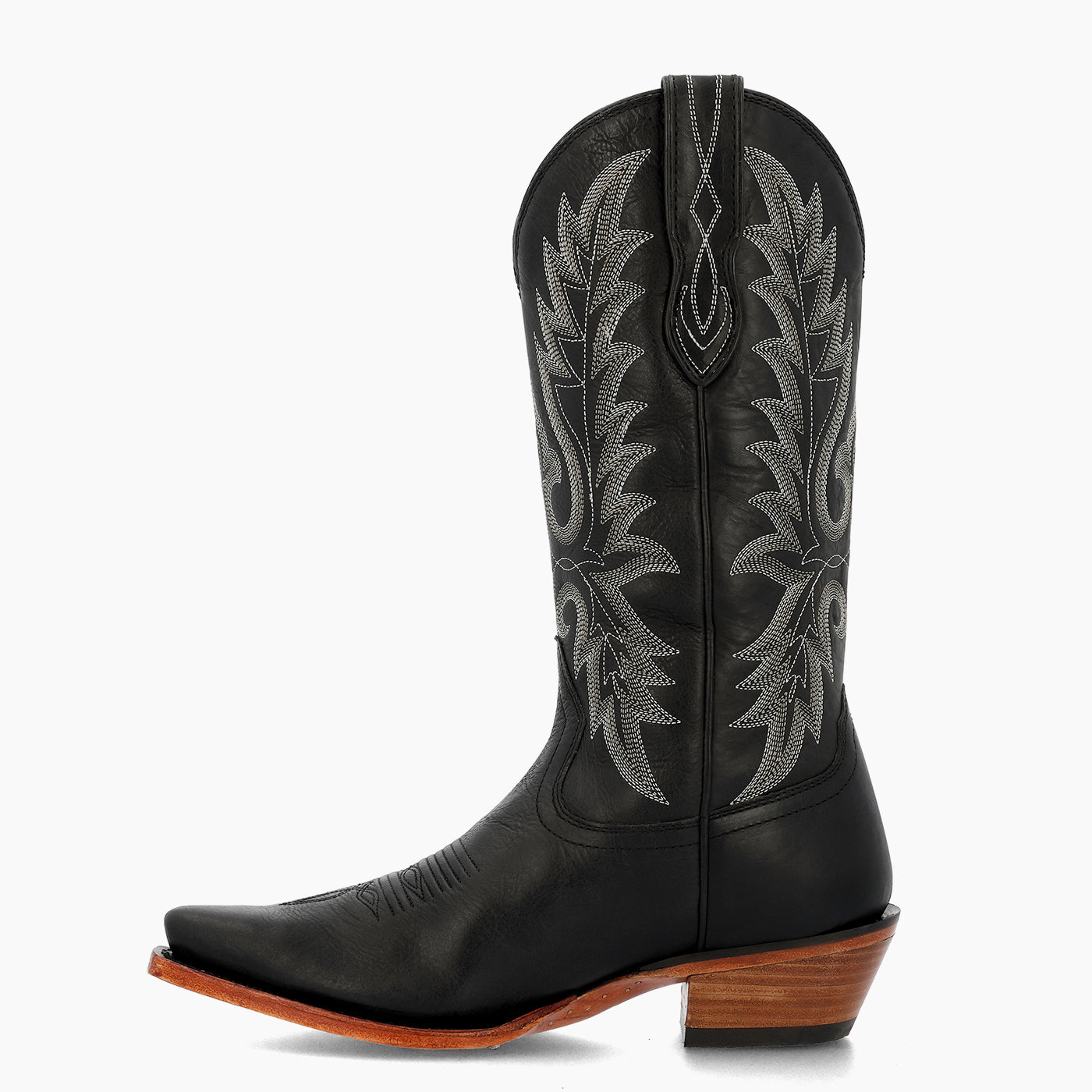 Inner side view of a Durango black cowgirl boot with intricate white stitching and leather sole.
