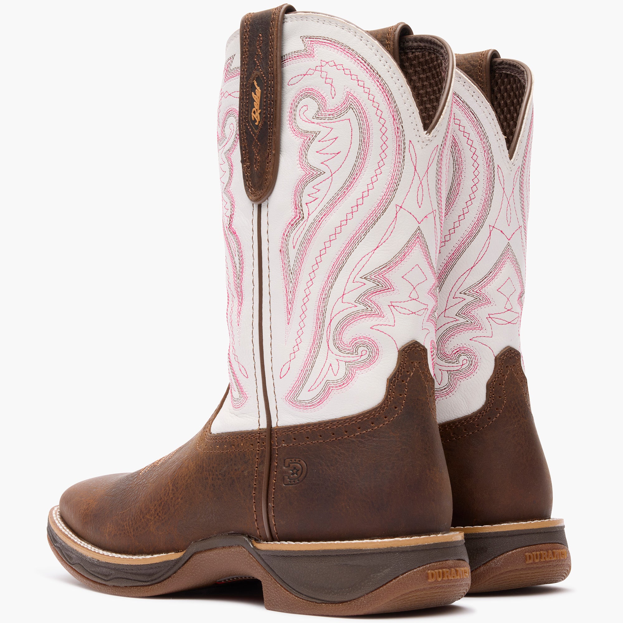 Back pair view of Durango Rebel Ultra Lite brown and white western boots
