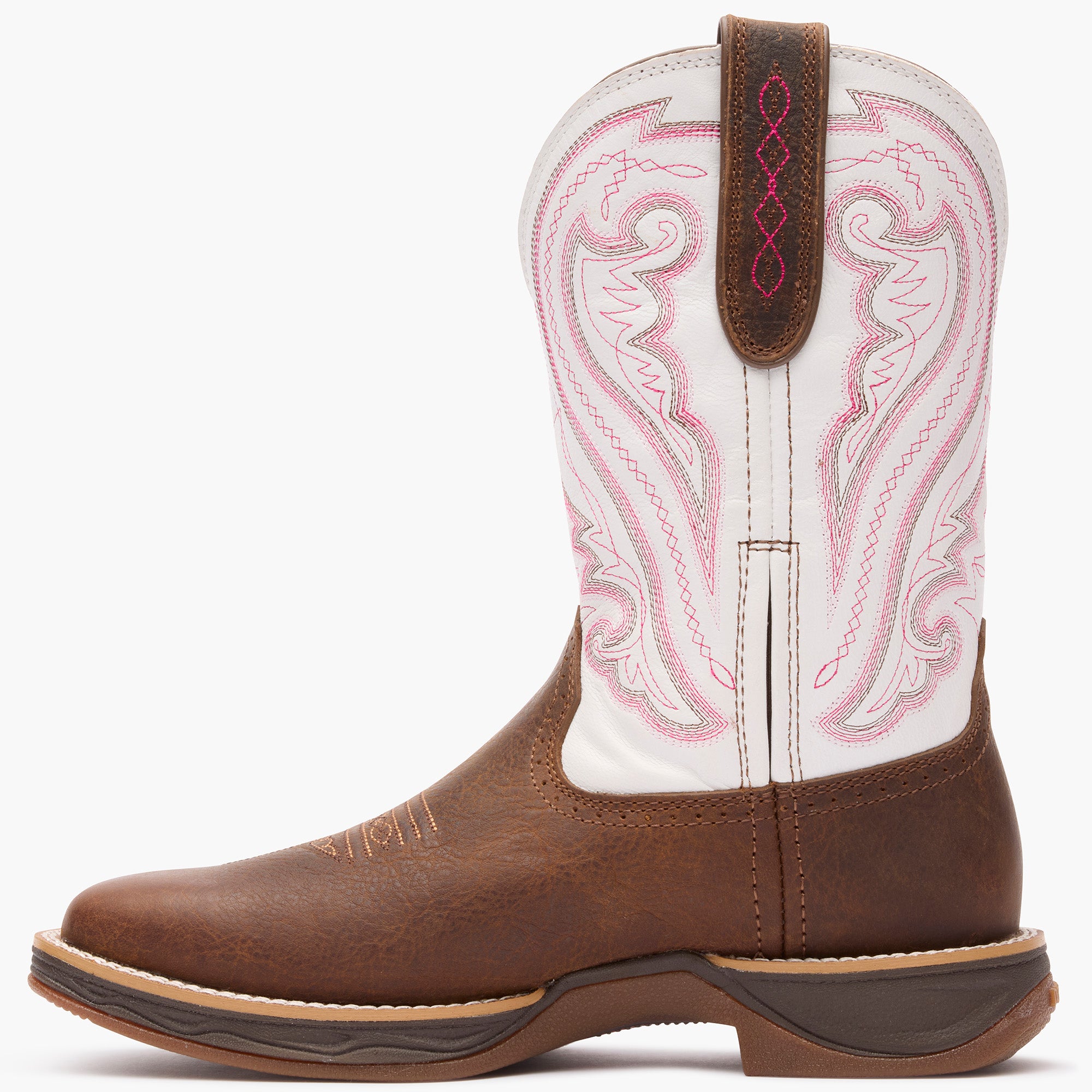 Inner side view of Durango Rebel Ultra Lite brown and white western boot