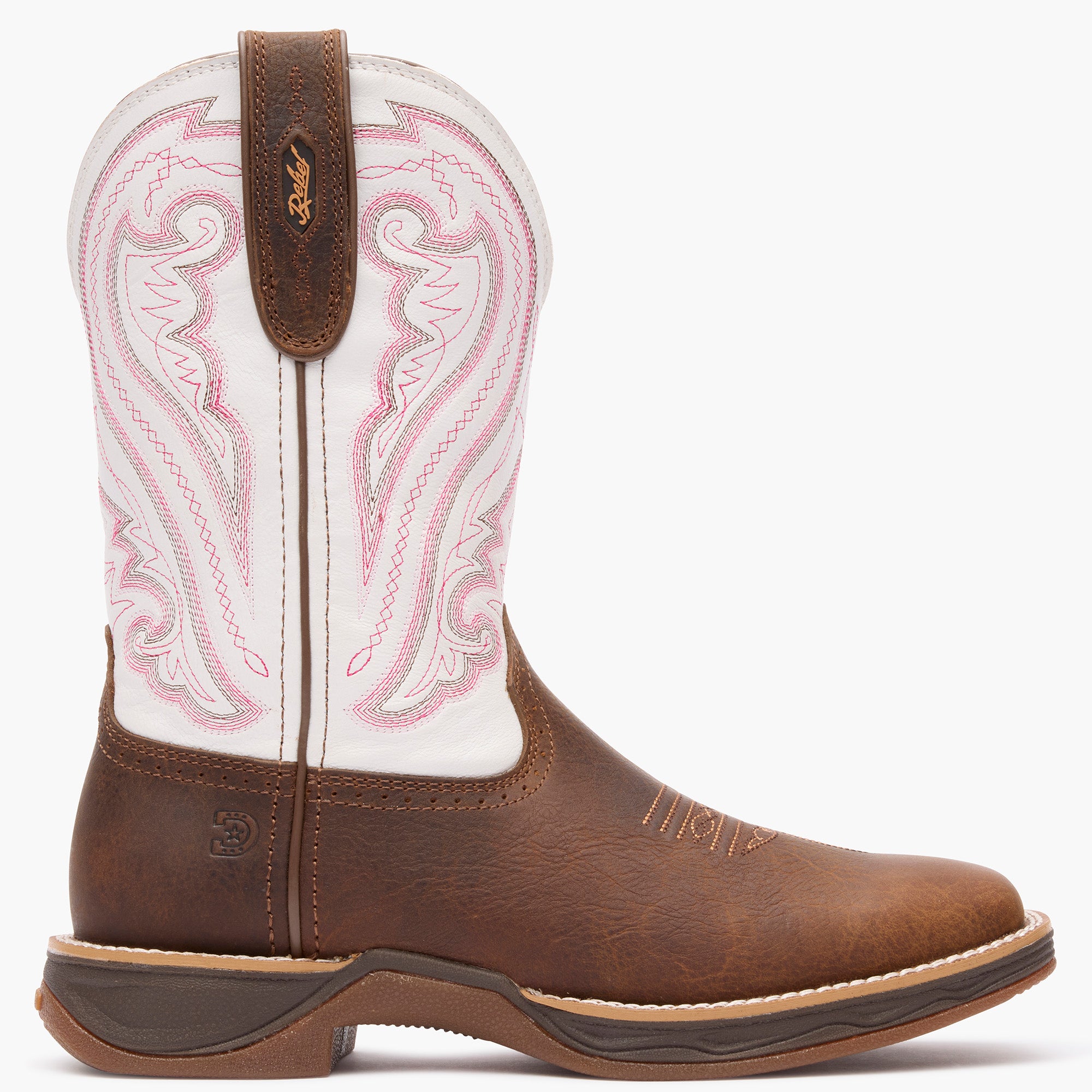 Outer side view of Durango Rebel Ultra Lite brown and white western boot