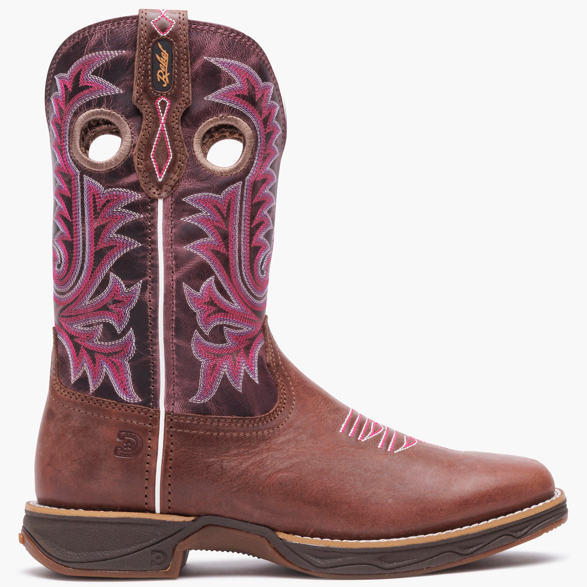 Outer side view of Durango Rebel Ultra Lite western boot with pink stitching