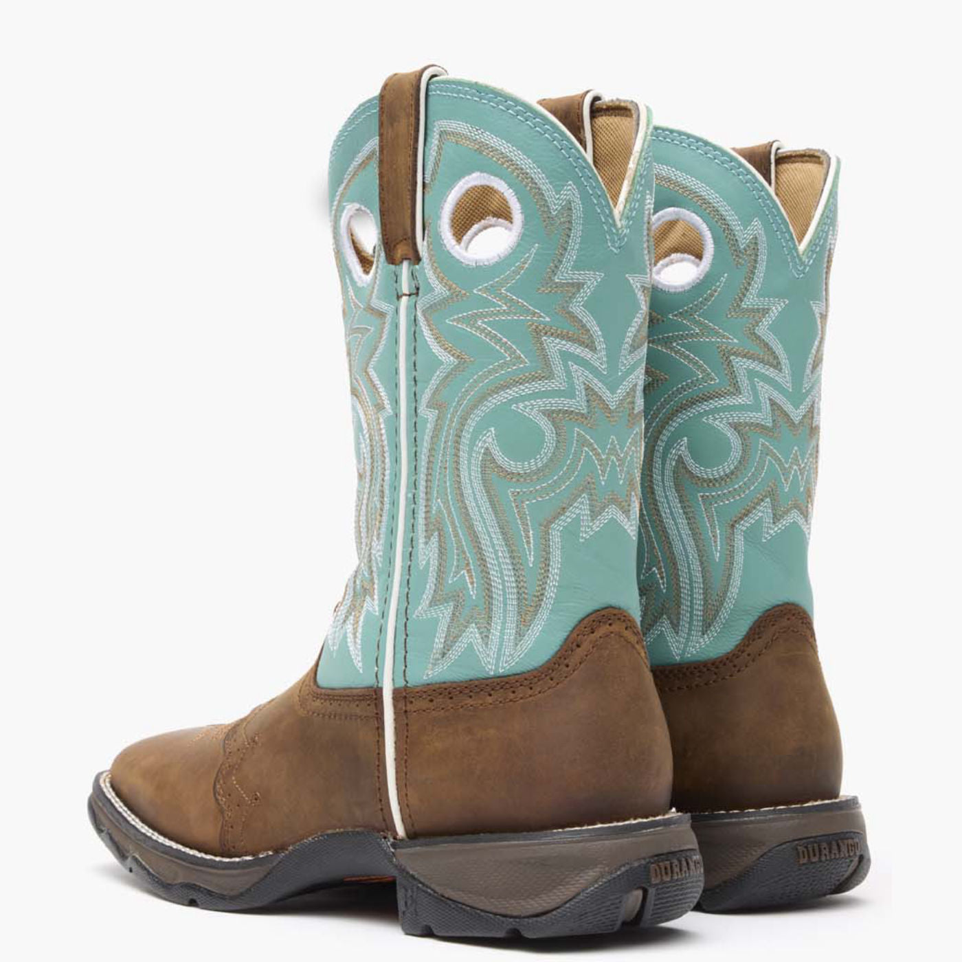 Back pair view of Durango Lady Rebel brown and powder blue western boots