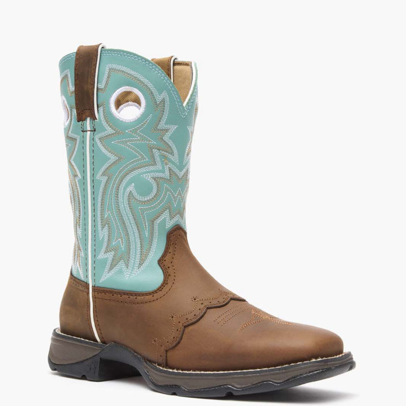 Front view of Durango Lady Rebel brown and powder blue western boot