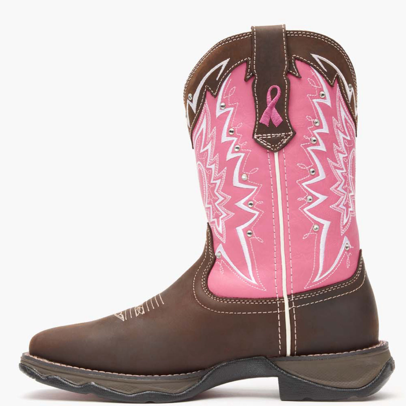 Inner side view of Durango Lady Rebel western boot with breast cancer ribbon detailing