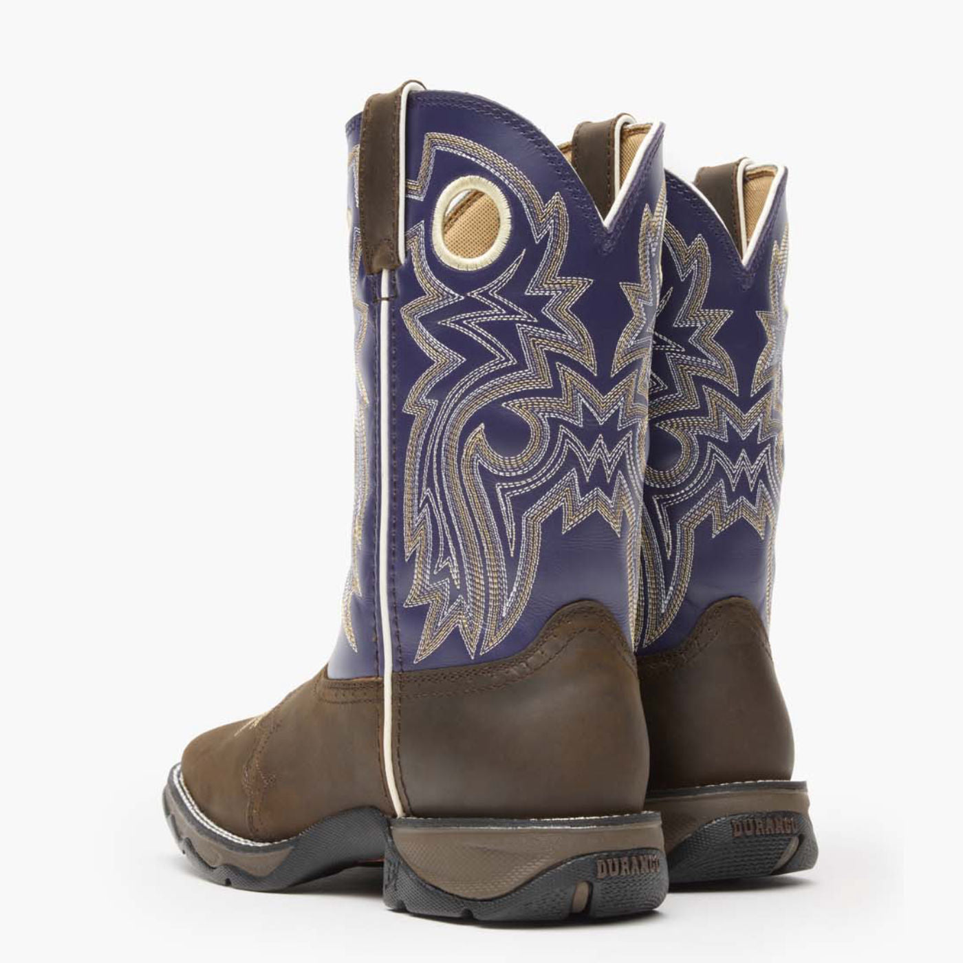 Back pair view of Durango Lady Rebel Brown and Purple western boots