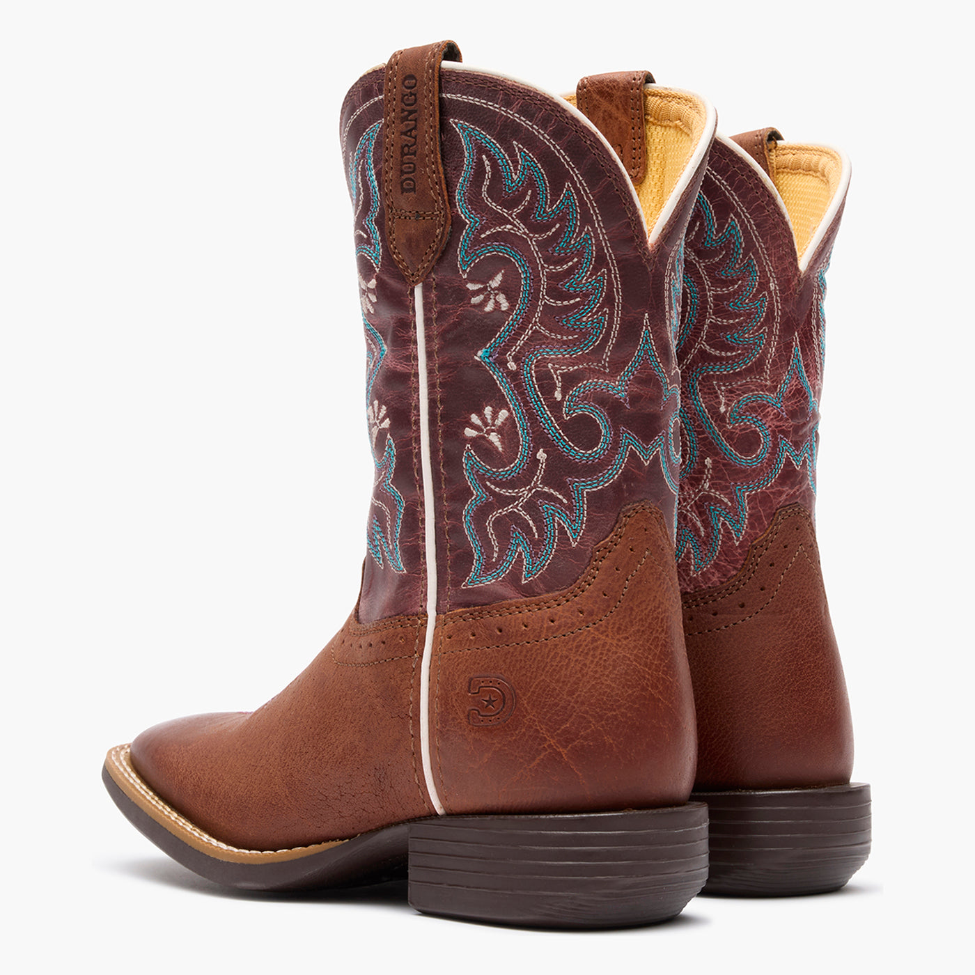 Back pair view of Durango kids' dark pink and brown cowgirl boots