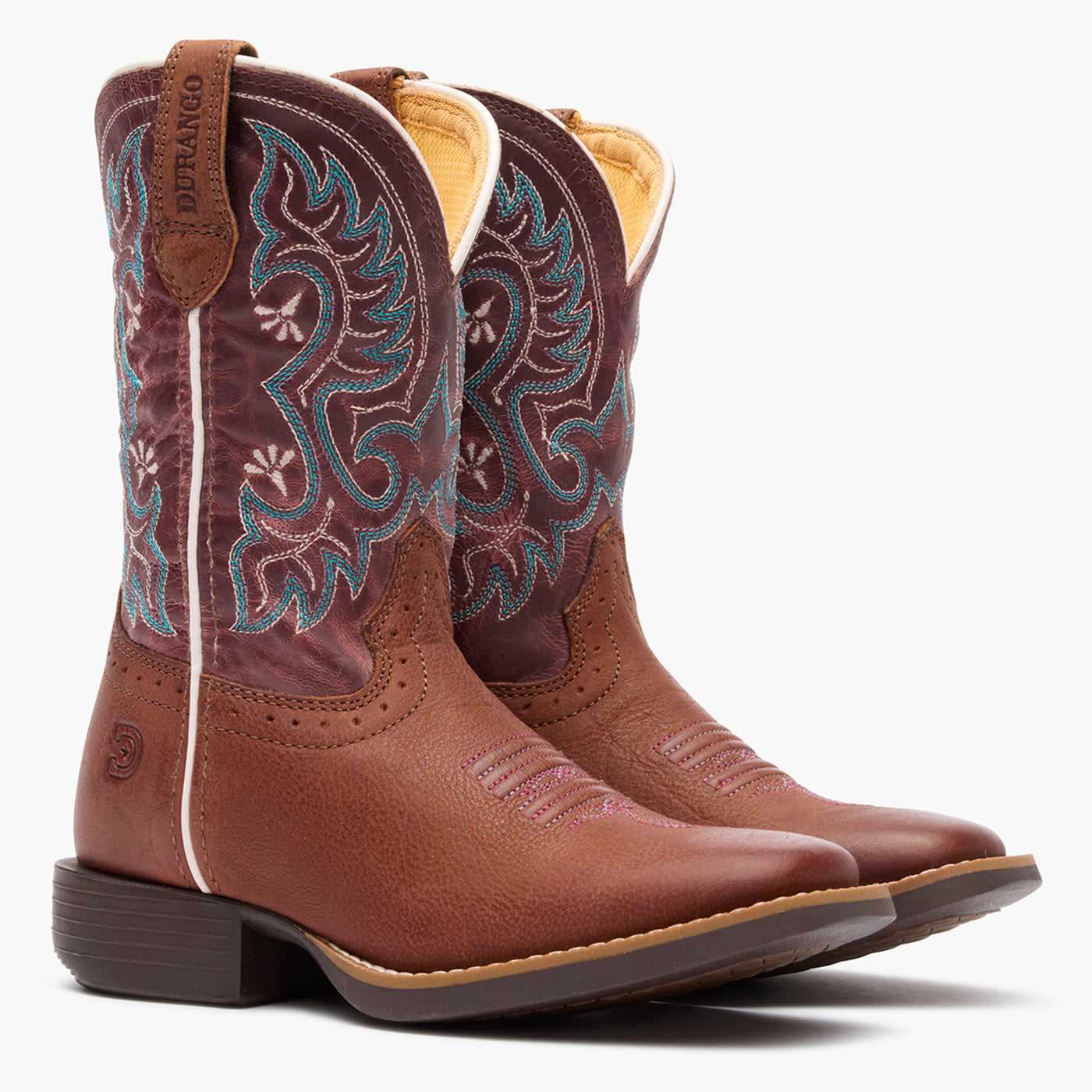 Front pair view of Durango kids' dark pink and brown cowgirl boots