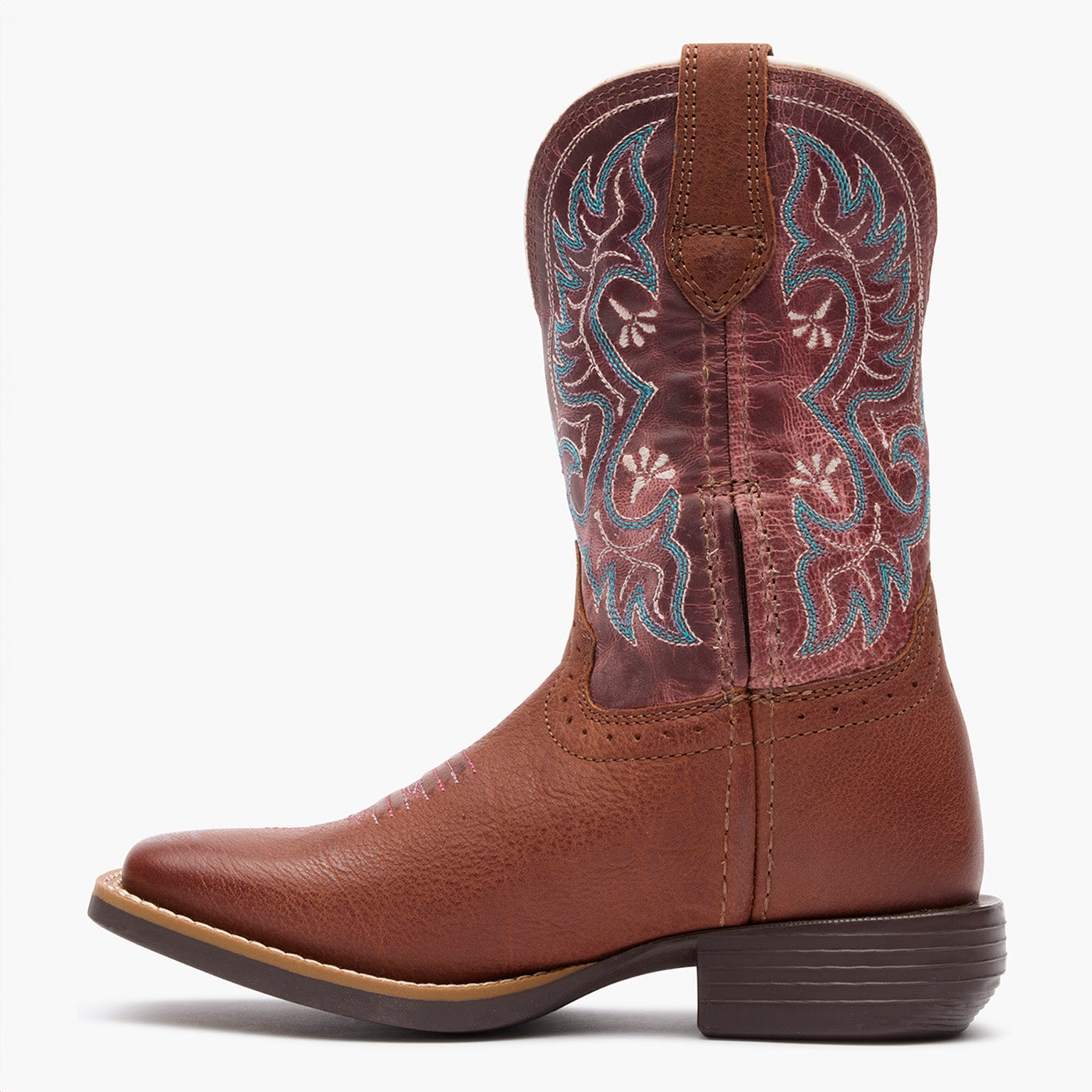 Brown cowboy boot with intricate embroidery on a white background
