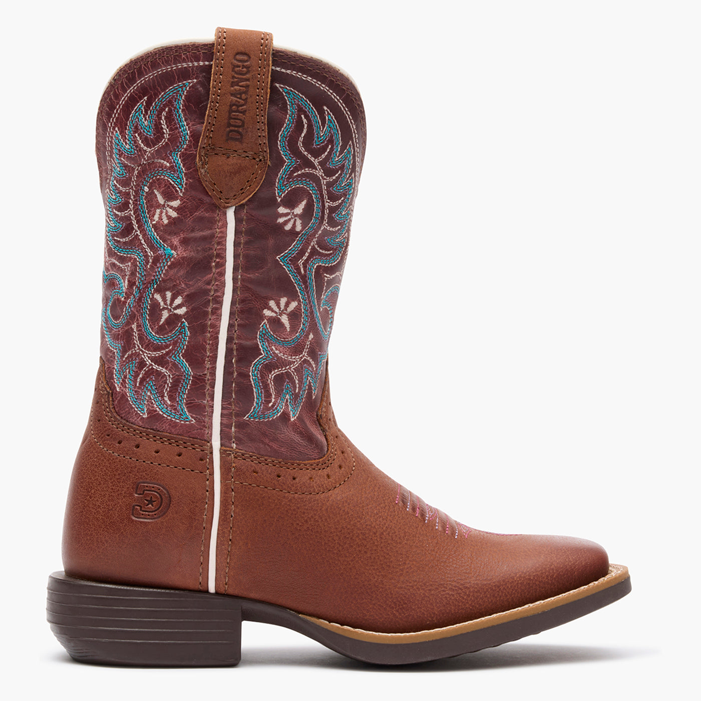 Outer side view of Durango kids' dark pink and brown cowgirl boots
