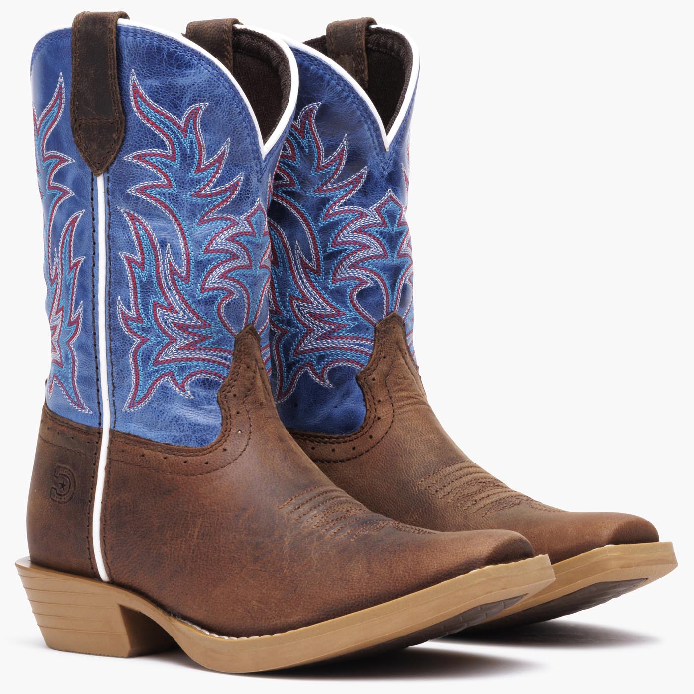Durango kids’ Shyloh western boot in brown and blue leather with embroidered shaft and rubber outsole, front pair view on grey background.