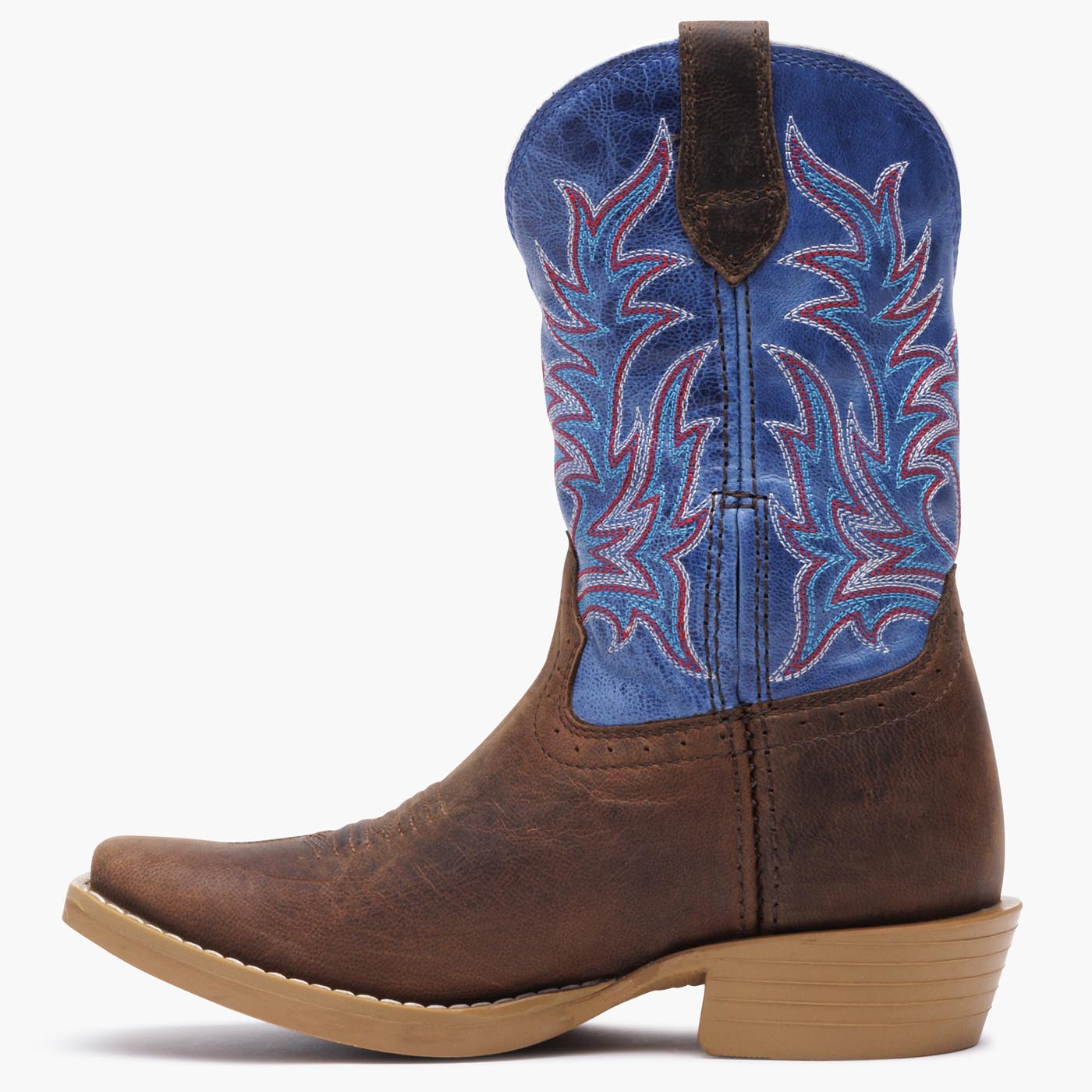 Durango kids’ Shyloh western boot in brown and blue leather with embroidered shaft and rubber outsole, inner side view on grey background.