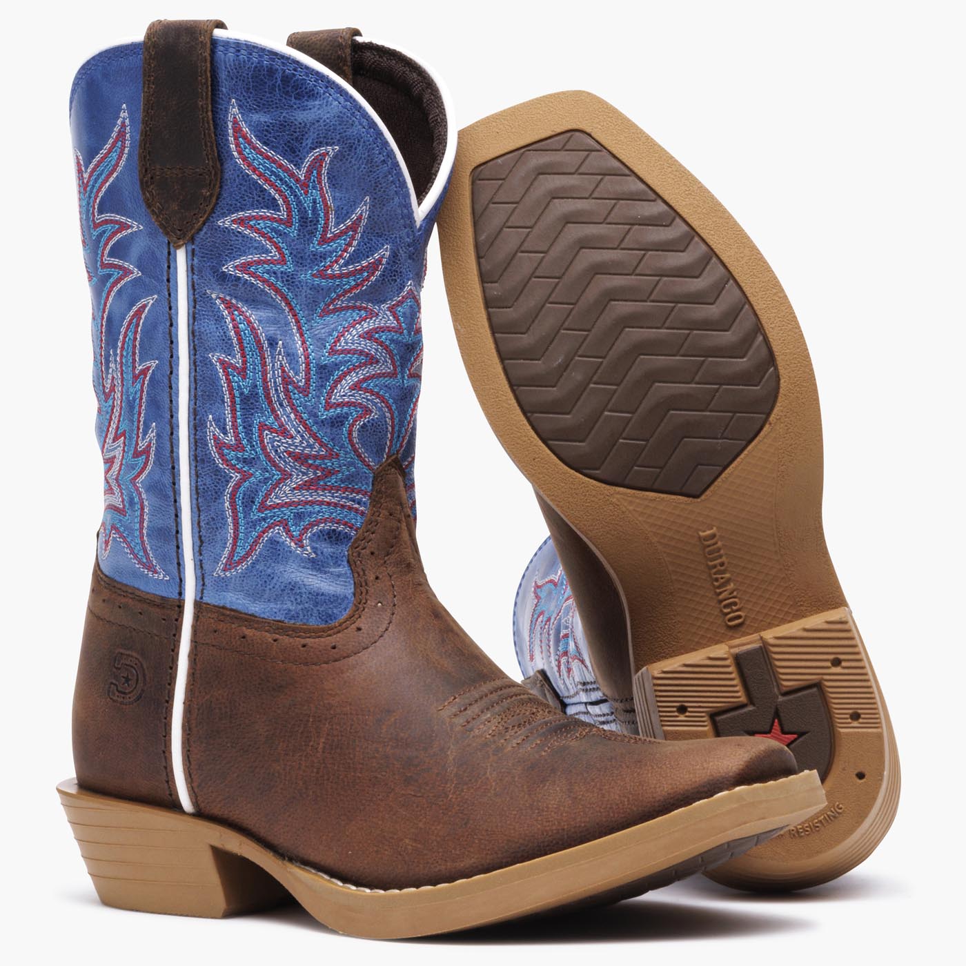 Durango kids’ Shyloh western boot in brown and blue leather with embroidered shaft and rubber outsole, outsole view on grey background.