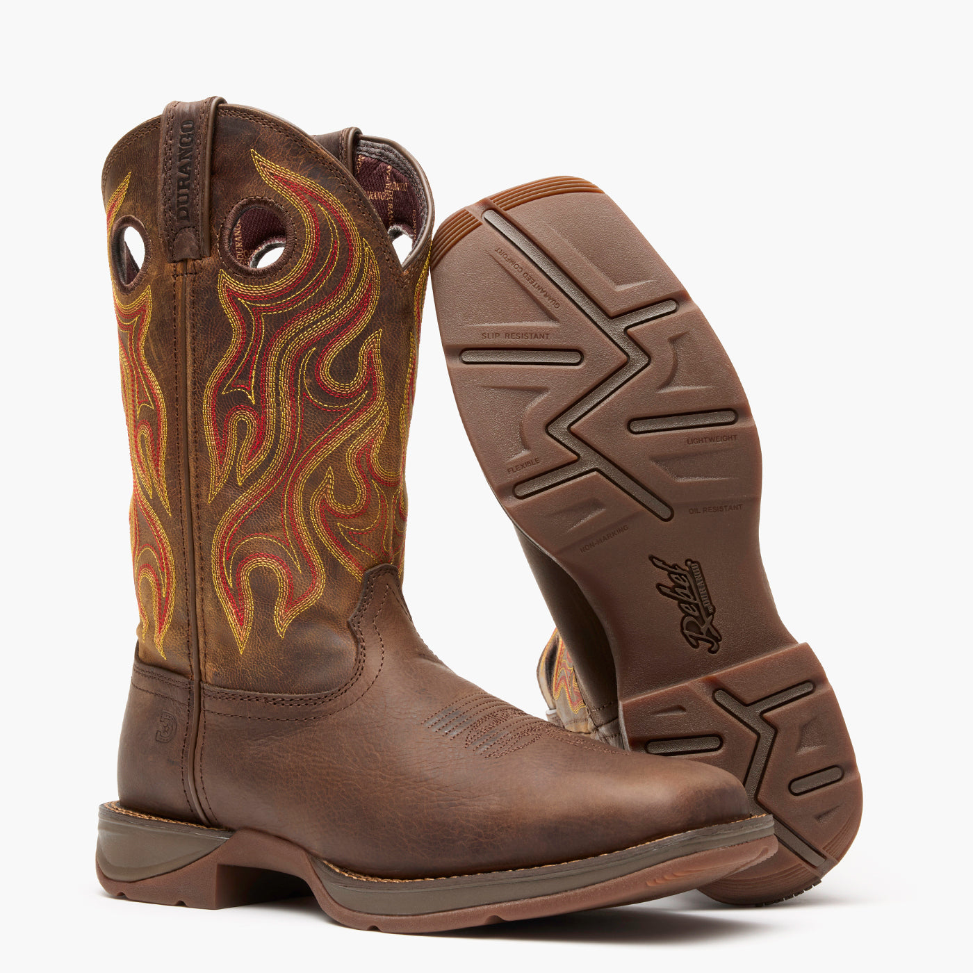 Front pair view of Durango Rebel brown square toe leather western boots with rubber outsole