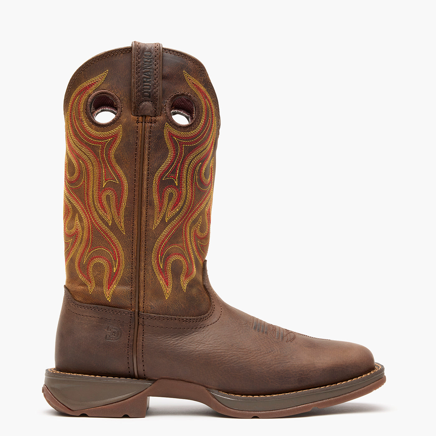 Outer side view of Durango Rebel brown square toe leather western boots with rubber outsole