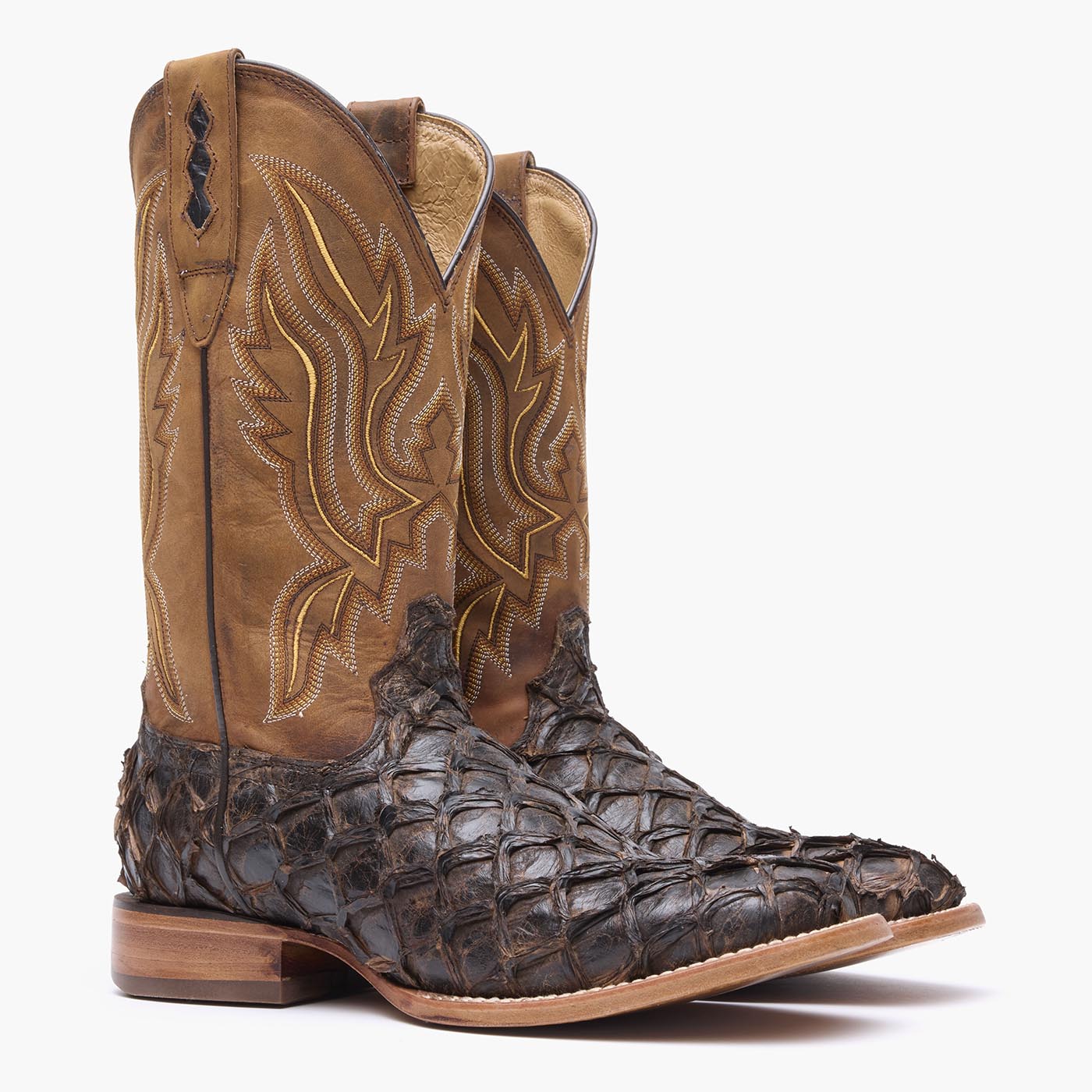 Front view of a pair of Durango brown square toe Pirarucu fish western boots