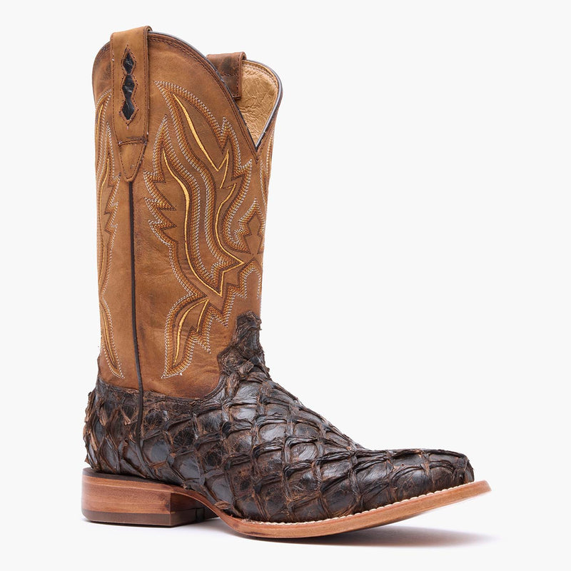 Front view of Durango brown square toe Pirarucu fish western boots