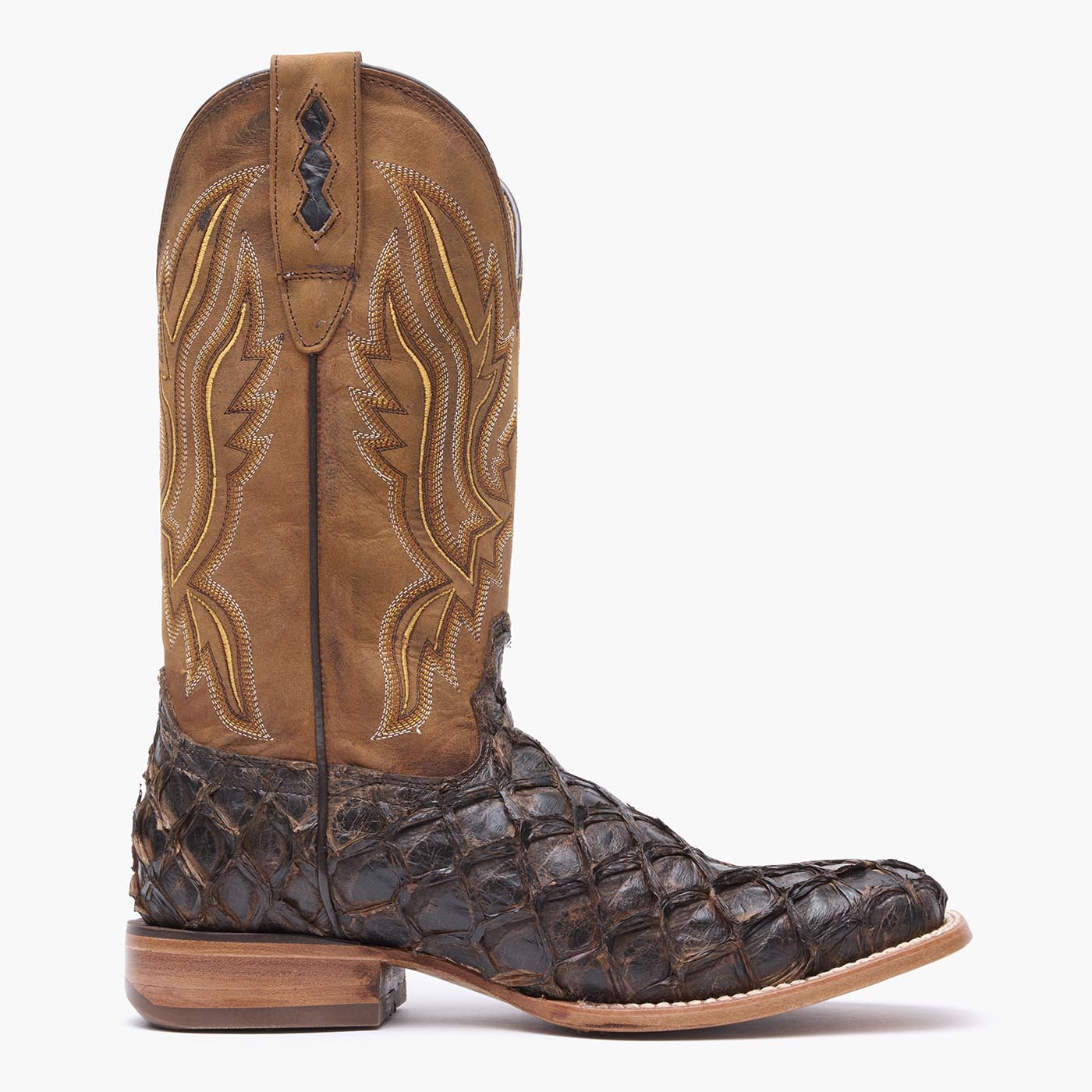 Outer side view of Durango brown square toe Pirarucu fish western boots