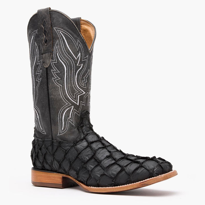 Front view of Durango black square toe Pirarucu fish western boots