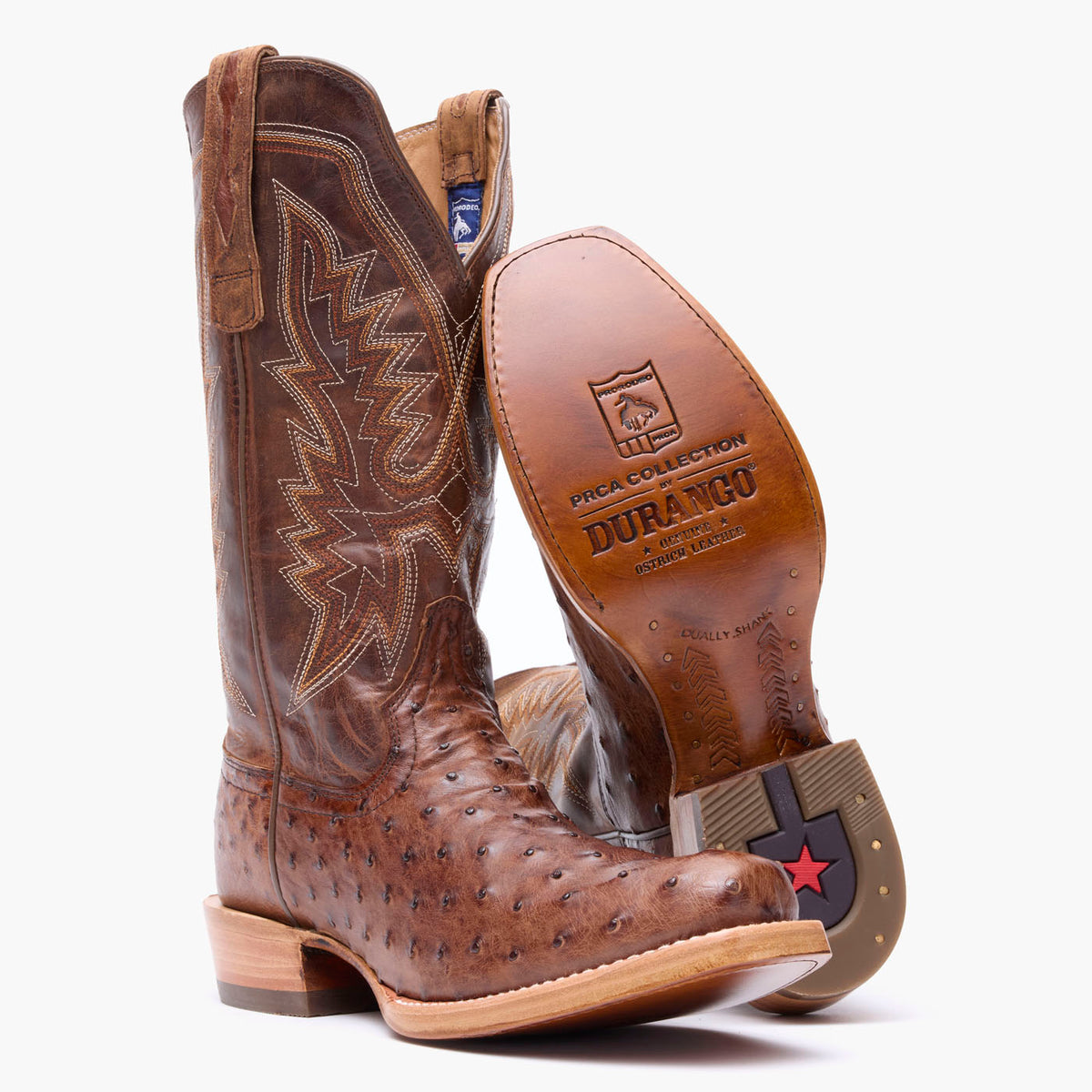 Front pair view of Durango® Men's PRCA Collection Full-Quill Ostrich Western Boot