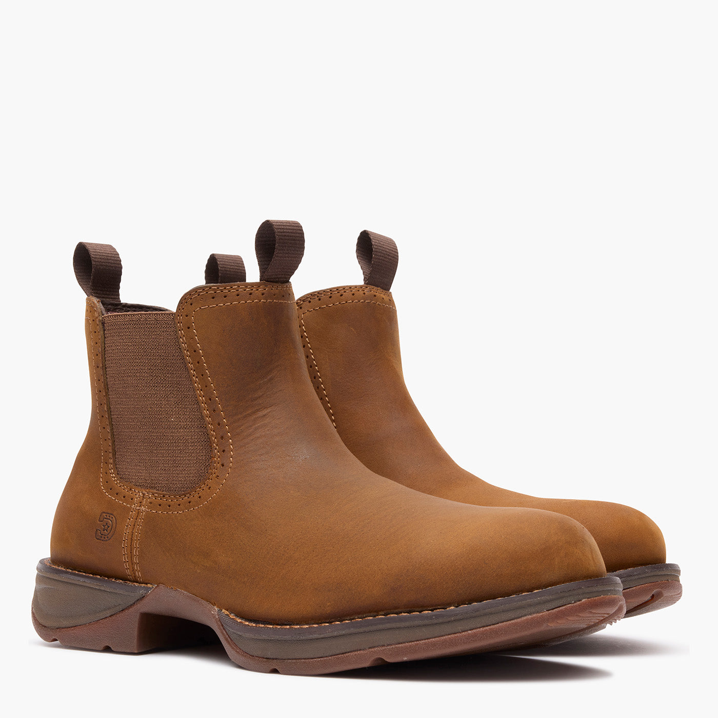 Front view of a pair of Durango Red Dirt Rebel brown round toe chelsea boots