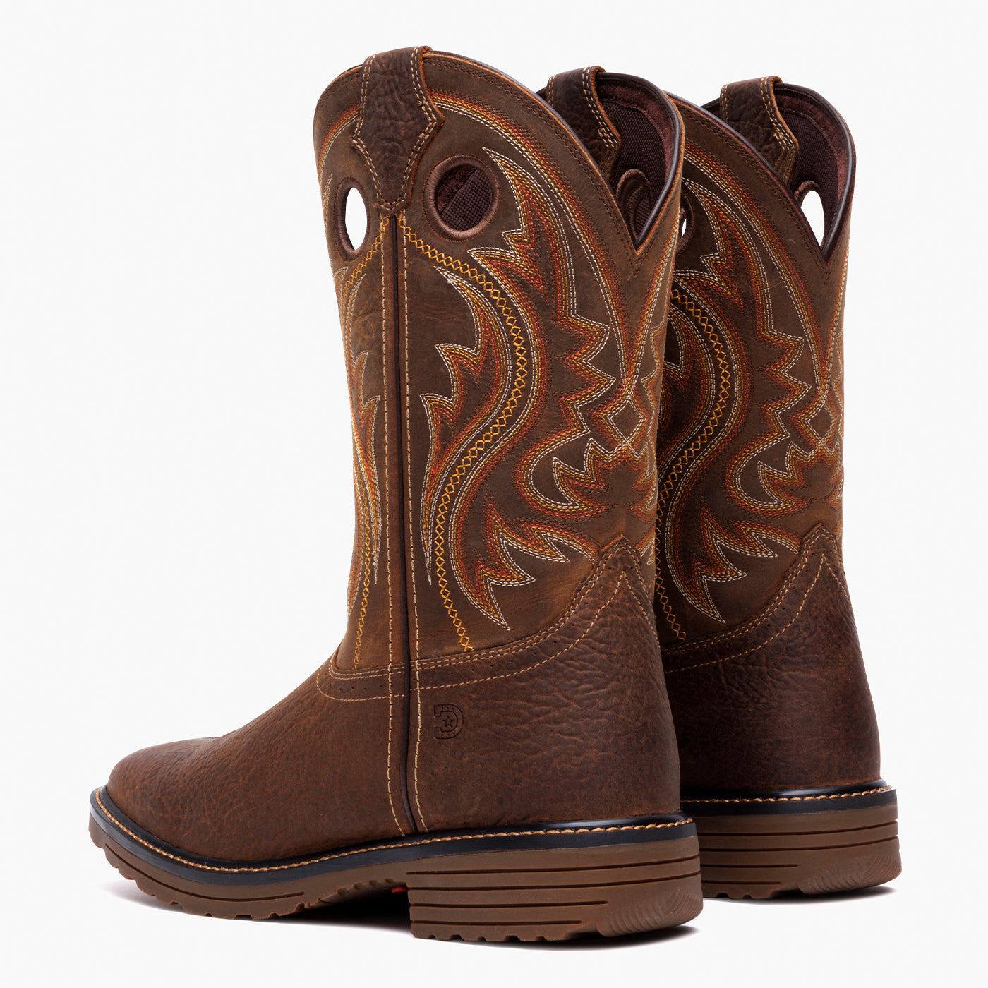 Back view of a pair of brown Durango work boots
