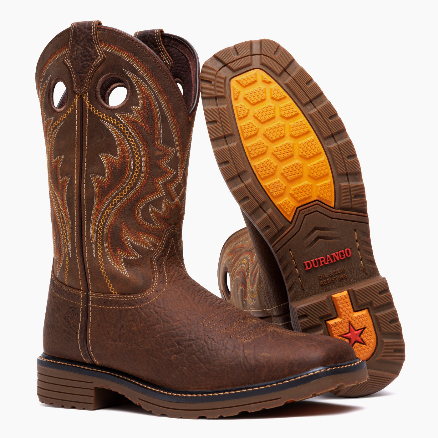 Outsole view of a pair of Durango brown work boots
