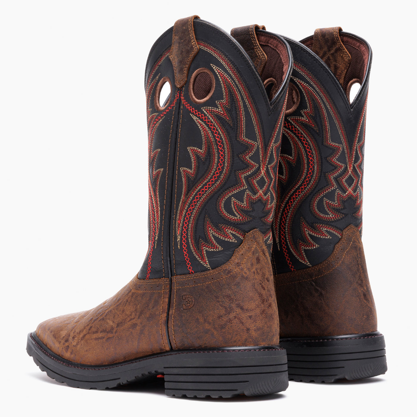 Back view of a pair of Durango black and brown steel toe work boots