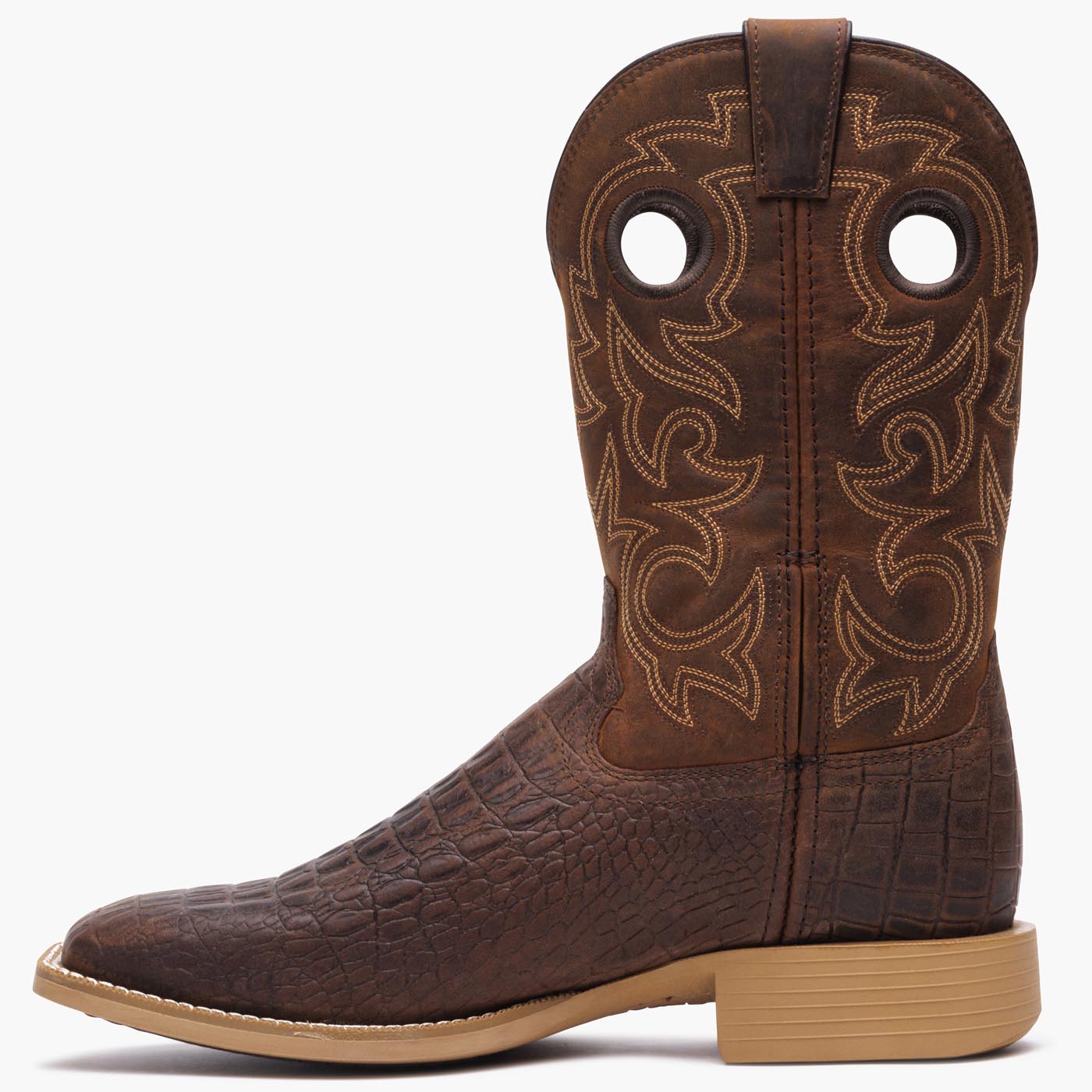 Interior side view of a Durango brown crocodile print cowboy boot