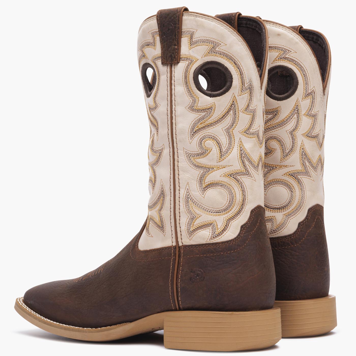 Back pair view of Durango men's Shyloh cowboy boots with brown foot and bone shaft leather. 