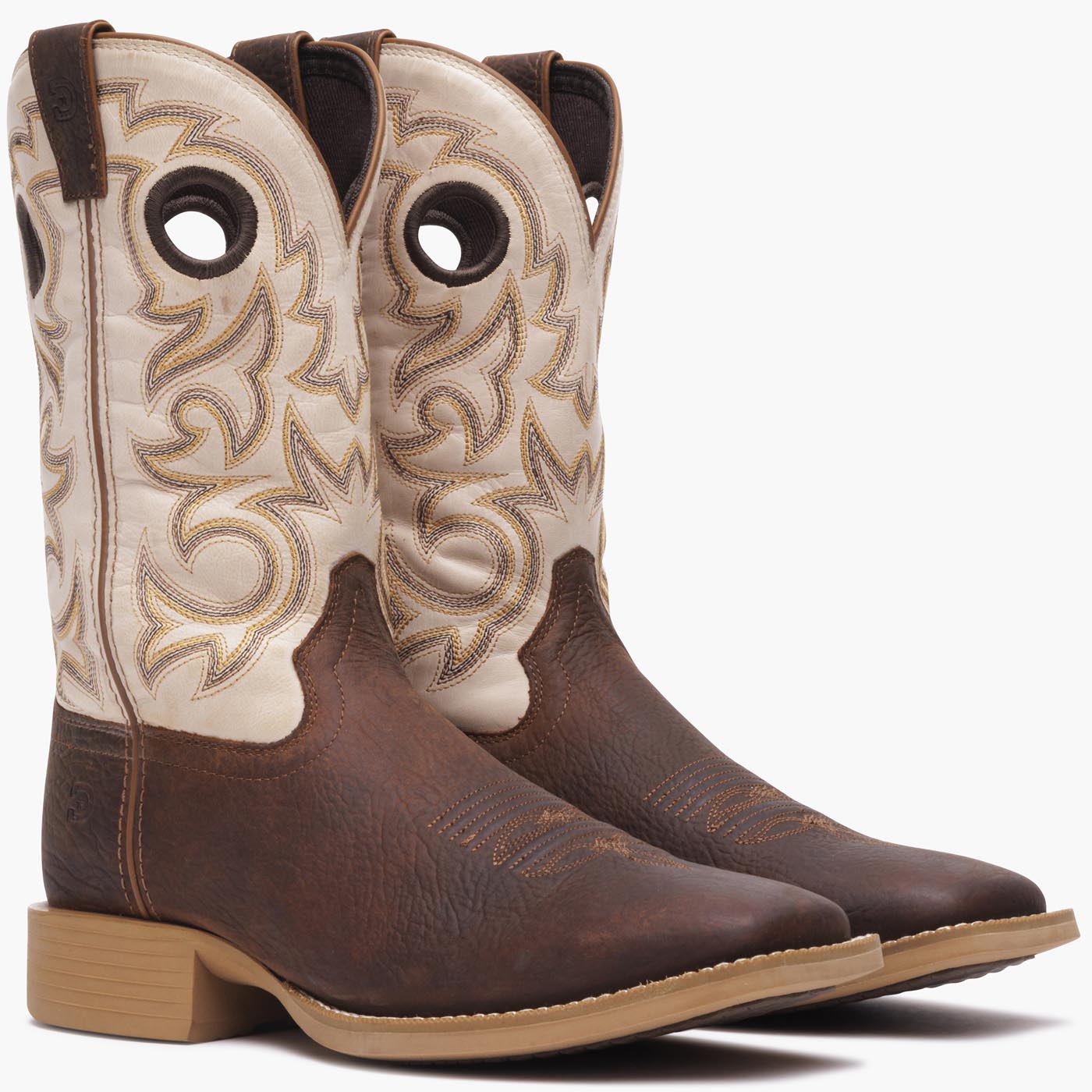 Front 3/4 pair view of Durango men's Shyloh cowboy boots with brown foot and bone shaft leather. 