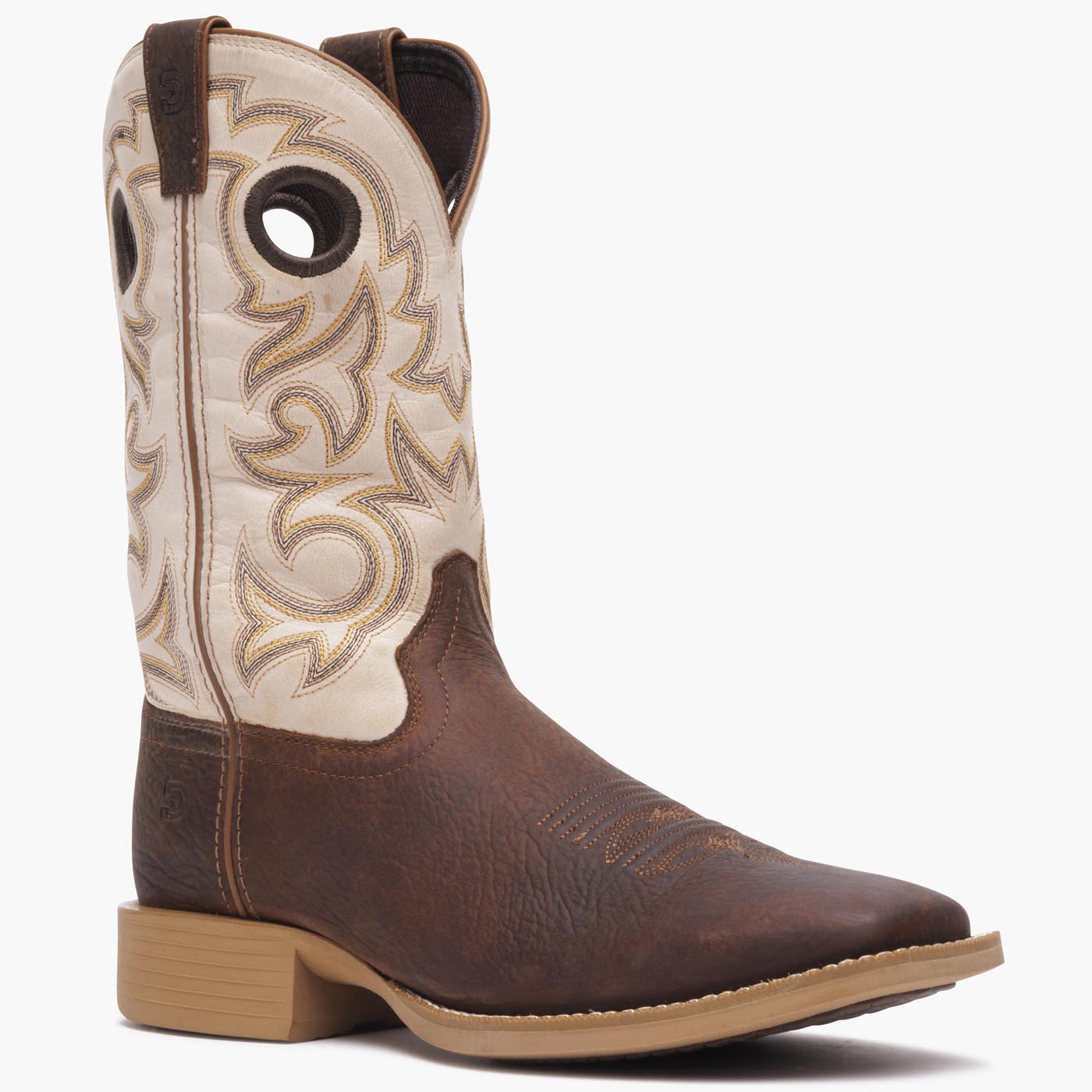 Front 3/4 view of Durango men's Shyloh cowboy boot with brown foot and bone shaft leather. 