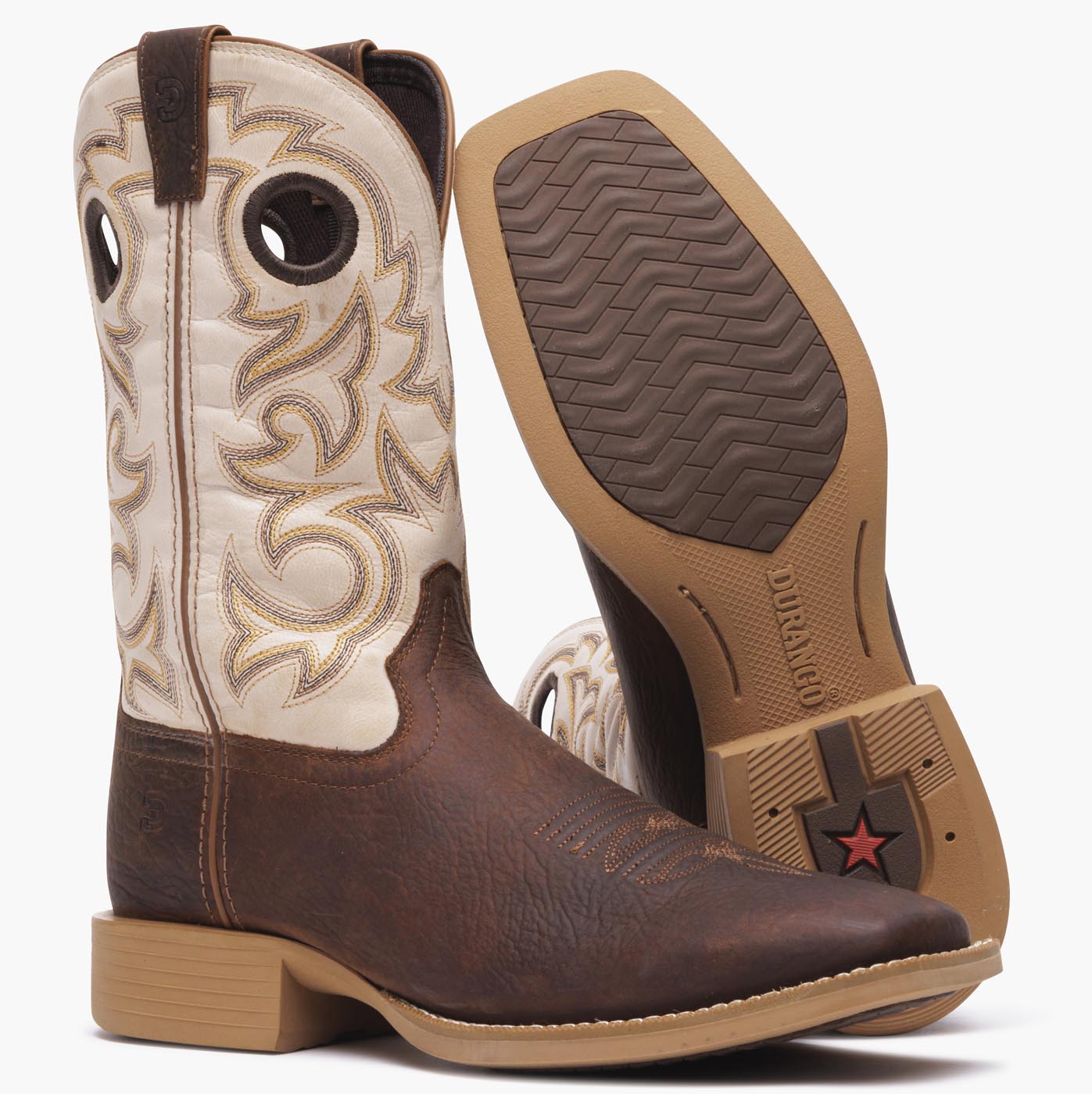 Front 3/4 view with rubber outsole showing of Durango men's Shyloh cowboy boot with brown foot and bone shaft leather. 