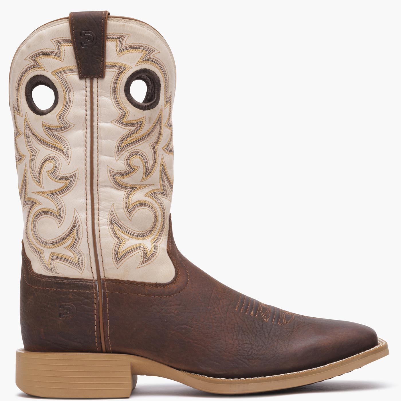 Exterior view of Durango men's Shyloh cowboy boot with brown foot and bone shaft leather. 
