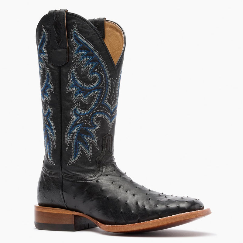 Front view of a Durango Premium Exotic black square toe Ostrich western boot