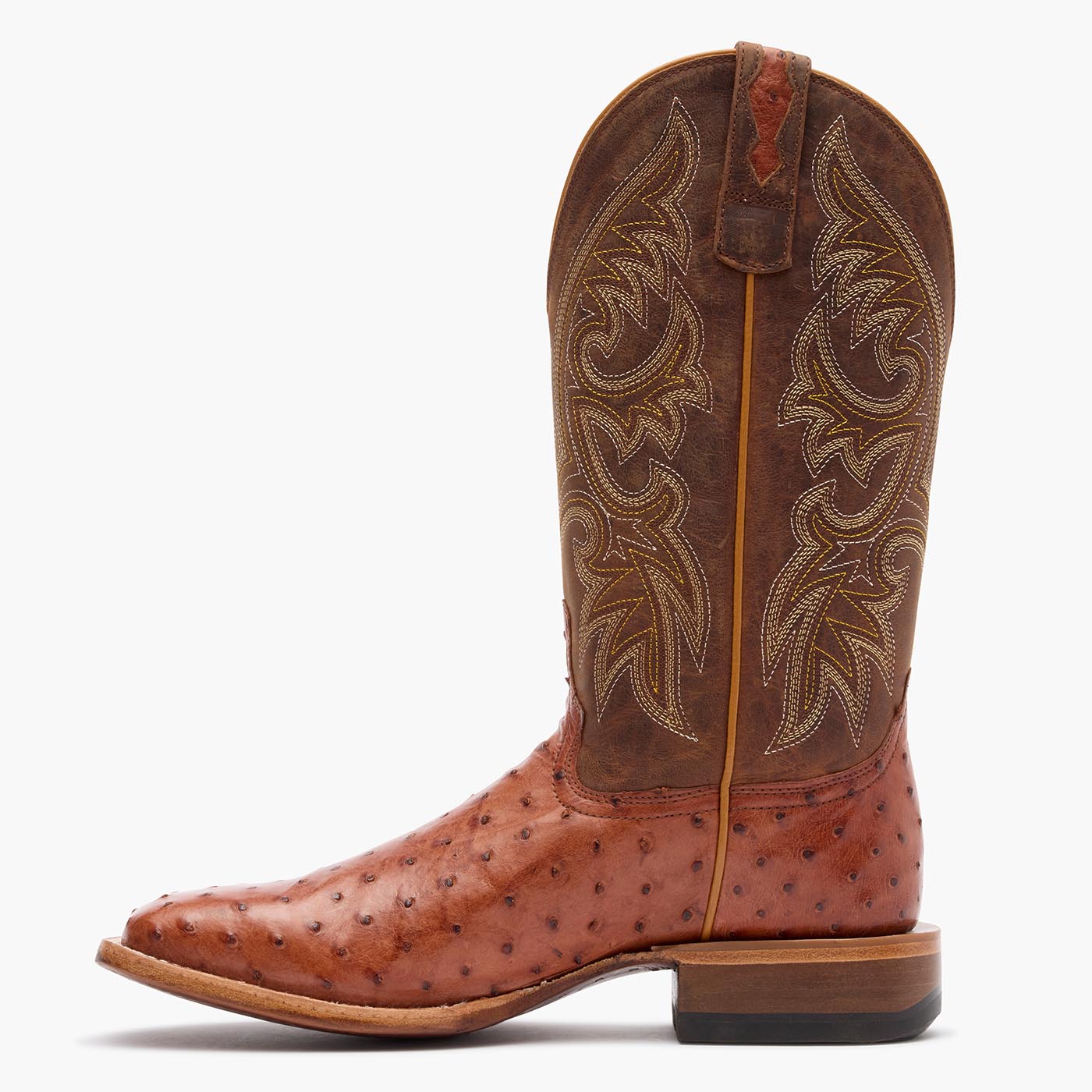 Inner side view of Durango Premium Exotic brown square toe Ostrich western boot