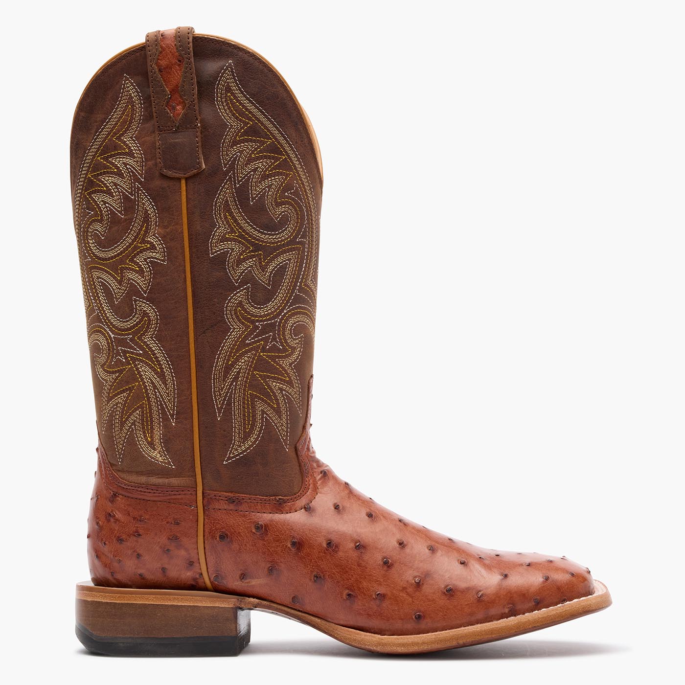 Side view of Durango Premium Exotic brown square toe Ostrich western boot