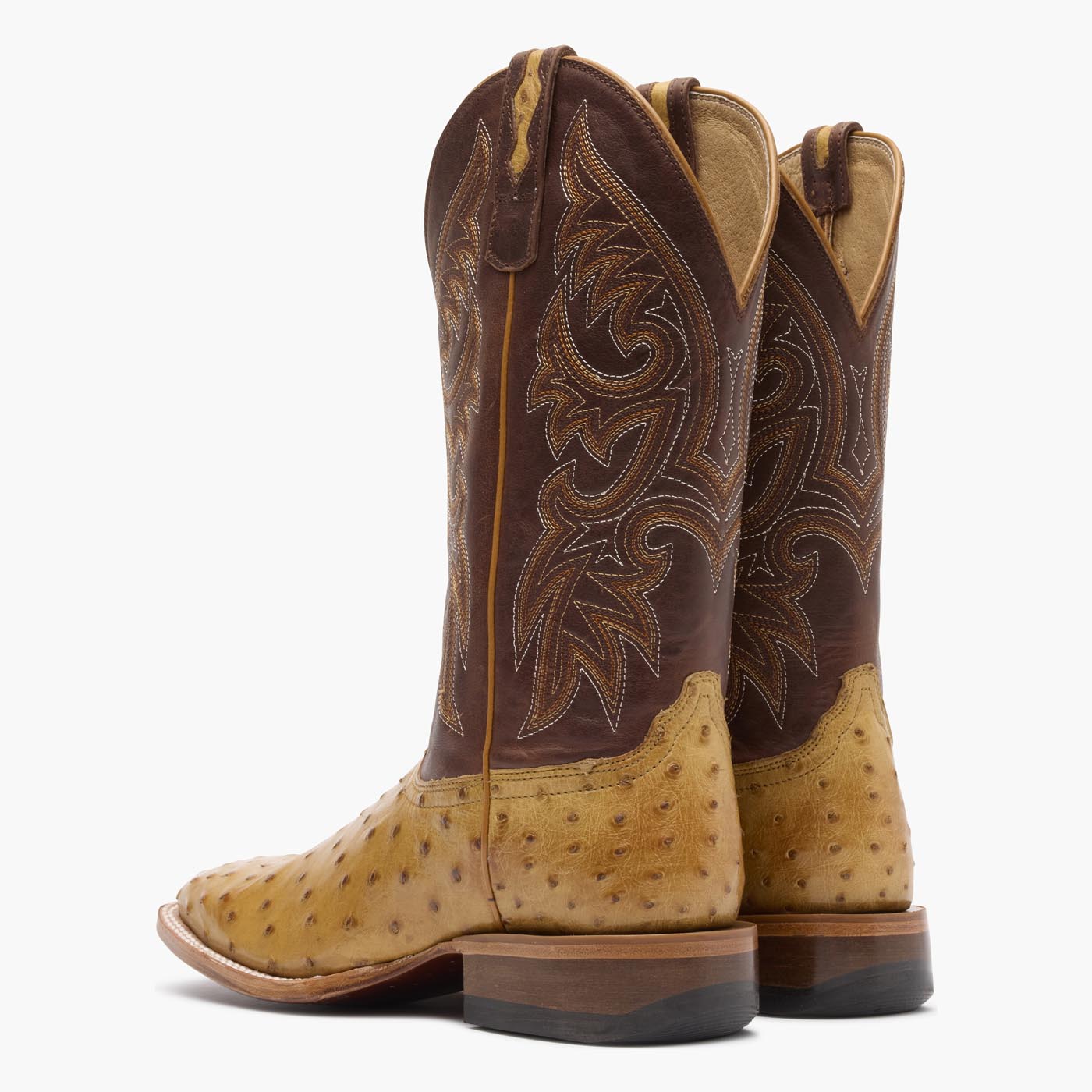 Back view of a pair of Durango Premium Exotic brown square toe Ostrich western boots