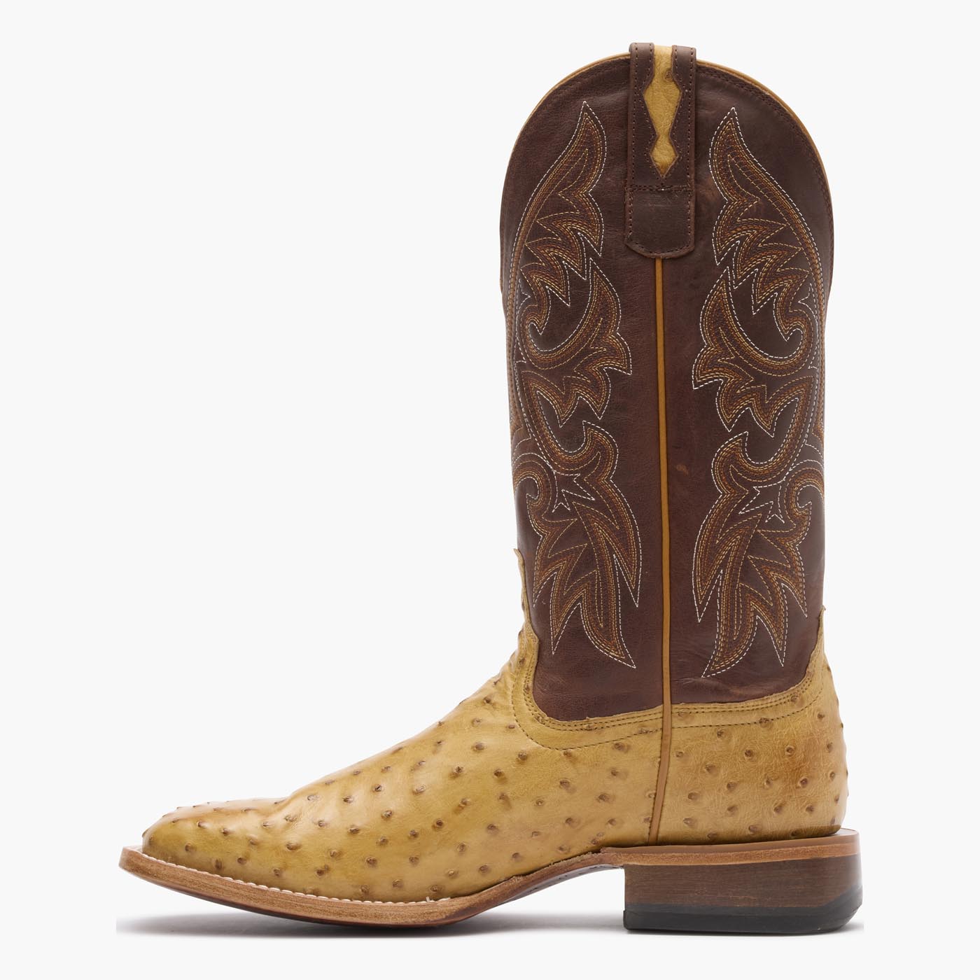 Inner side view of Durango Premium Exotic brown square toe Ostrich western boot