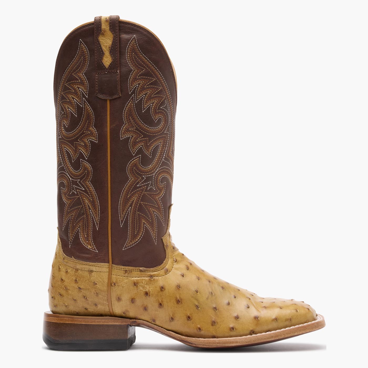 Side view of Durango Premium Exotic brown square toe Ostrich western boot