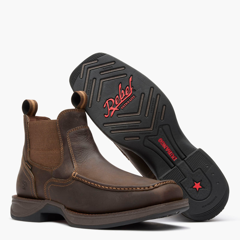 Outsole view of Durango® men’s 5 ½” Dark Earth Waterproof Red Dirt Rebel™ Ultra-Lite Chelsea